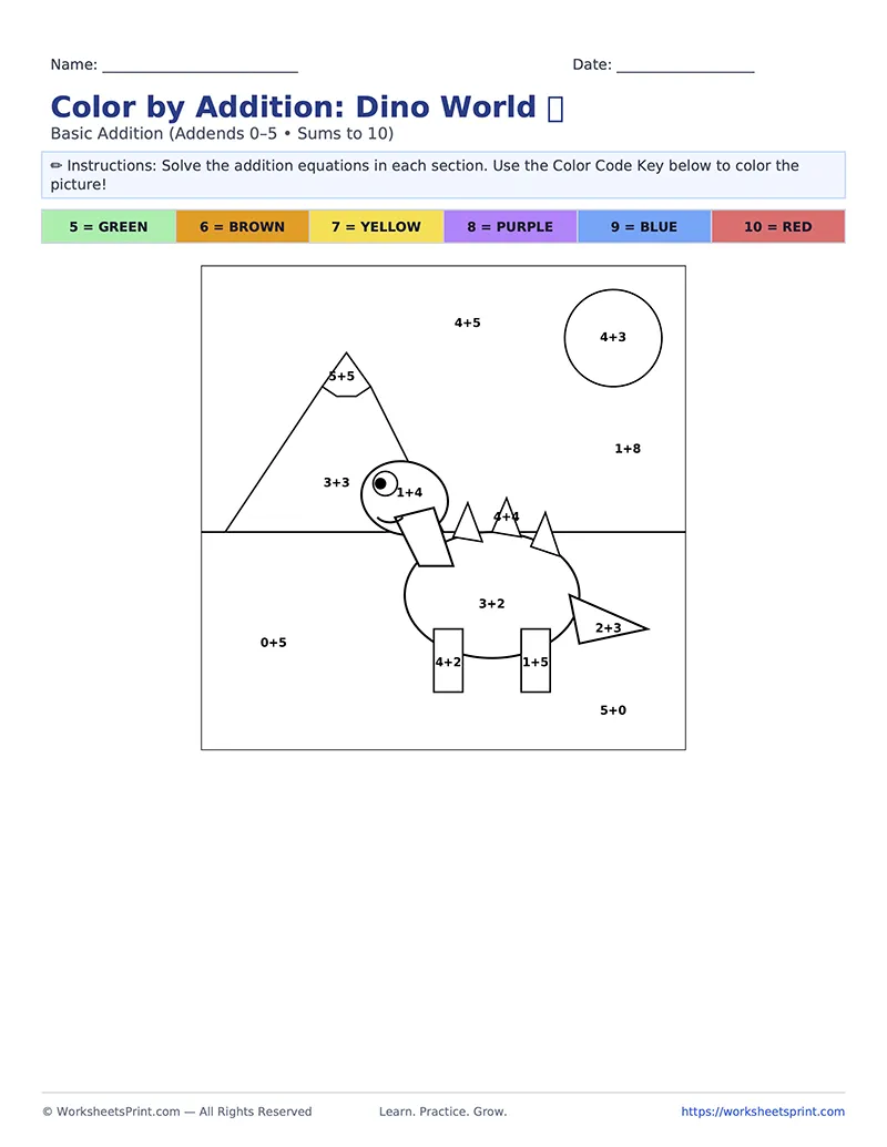 Color by Addition to 10: Dino World