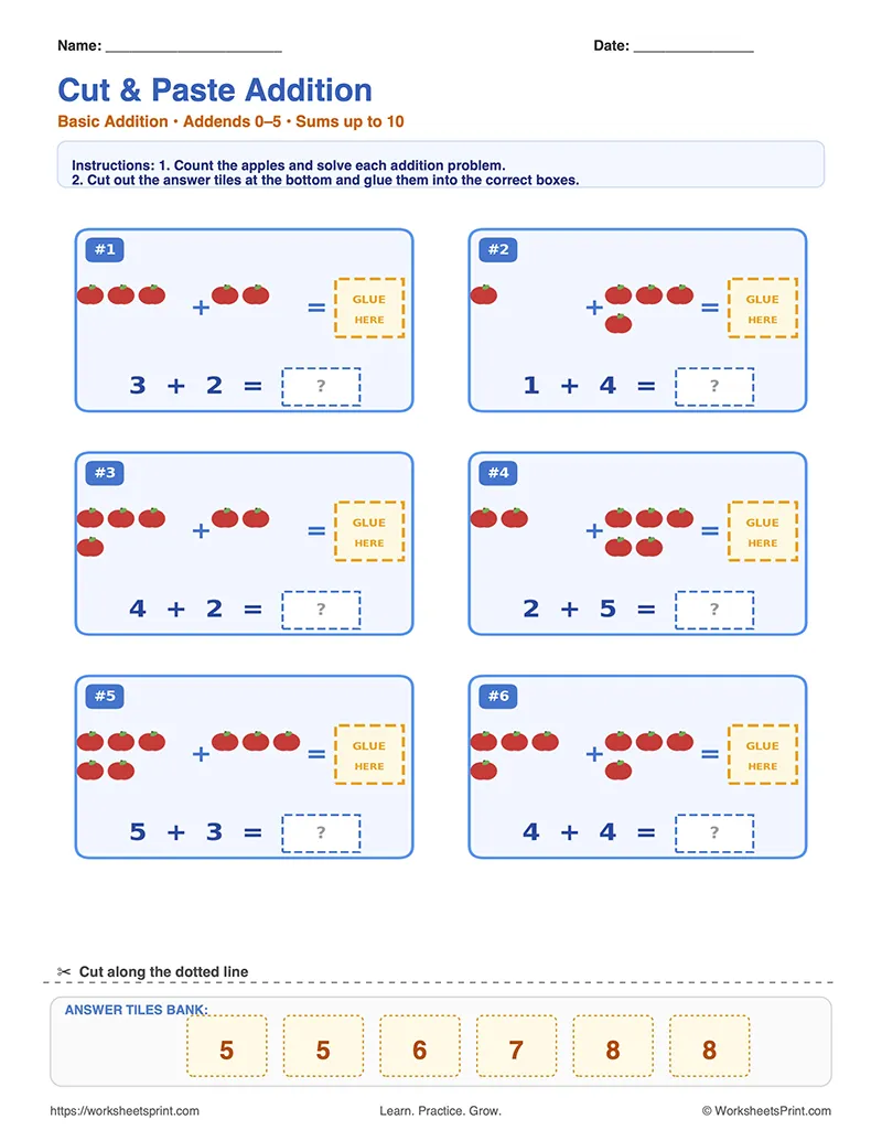 Cut and Paste Addition to 10 Activity