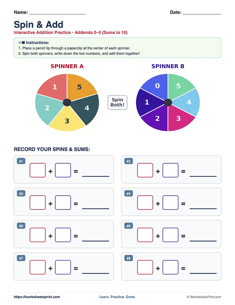 Spin and Add Math Game Addition to 10