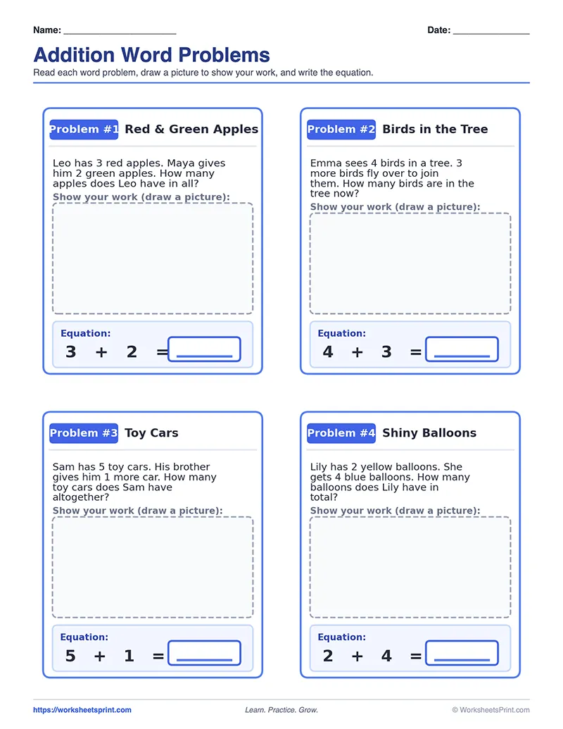 Addition Word Problems Worksheet Sums to 10
