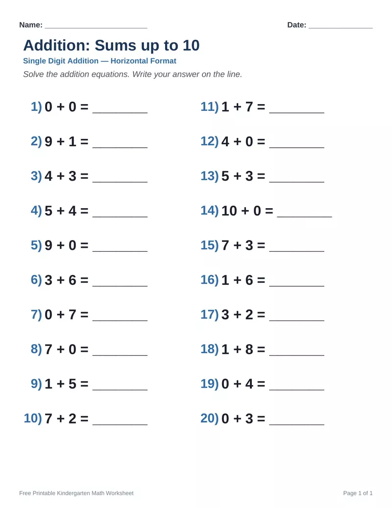 Addition Sums to 10 — Version 2