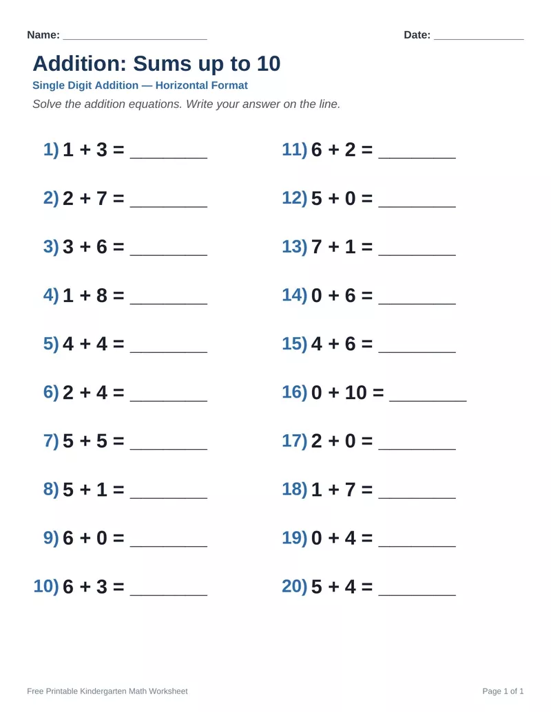 Addition Sums to 10 — Version 3