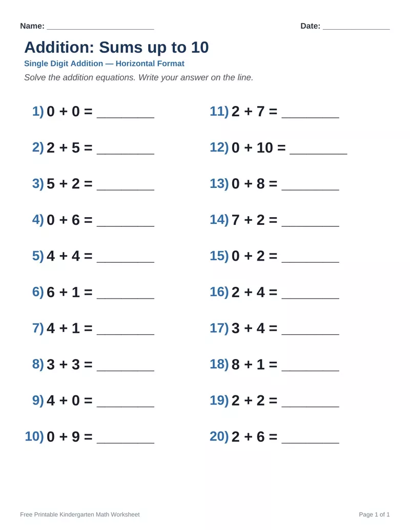 Addition Sums to 10 — Version 4