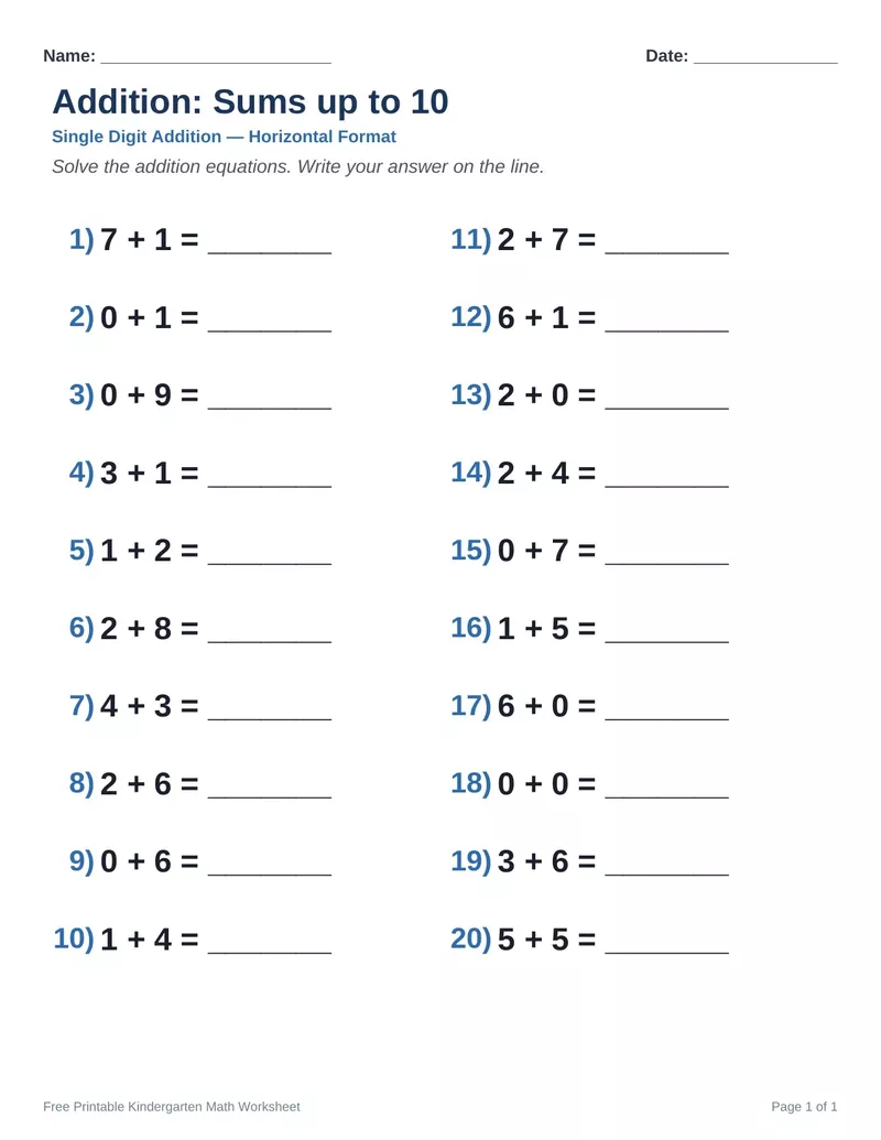 Addition Sums to 10 — Version 5