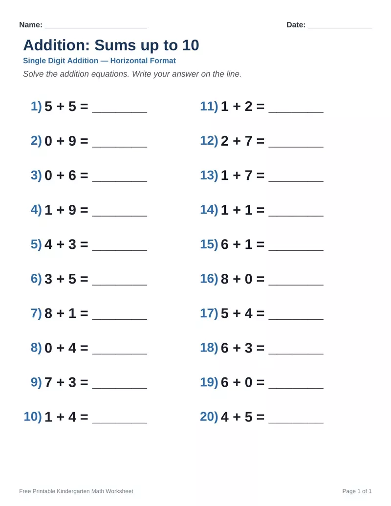 Addition Sums to 10 — Version 6