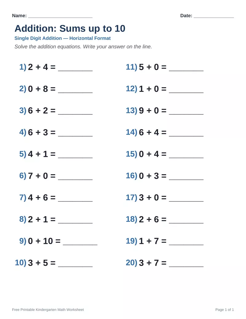 Addition Sums to 10 — Version 7