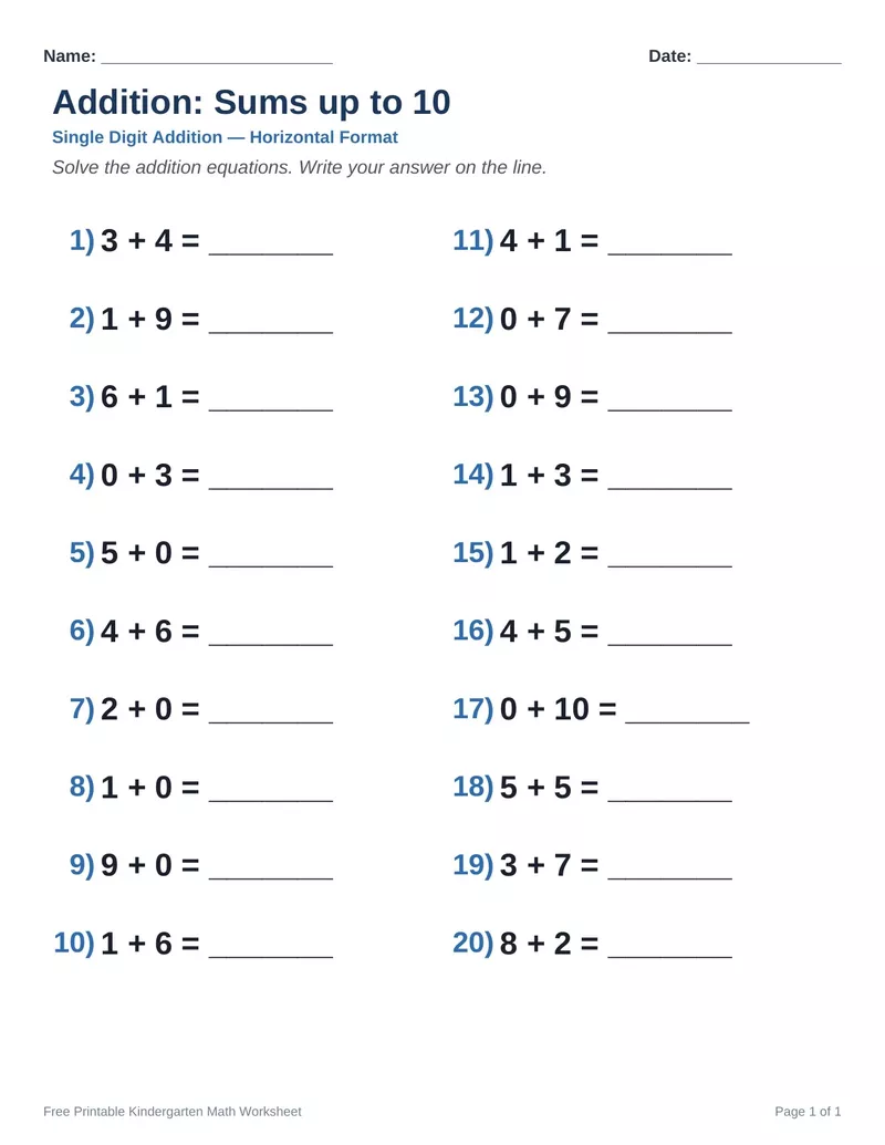 Addition Sums to 10 — Version 9