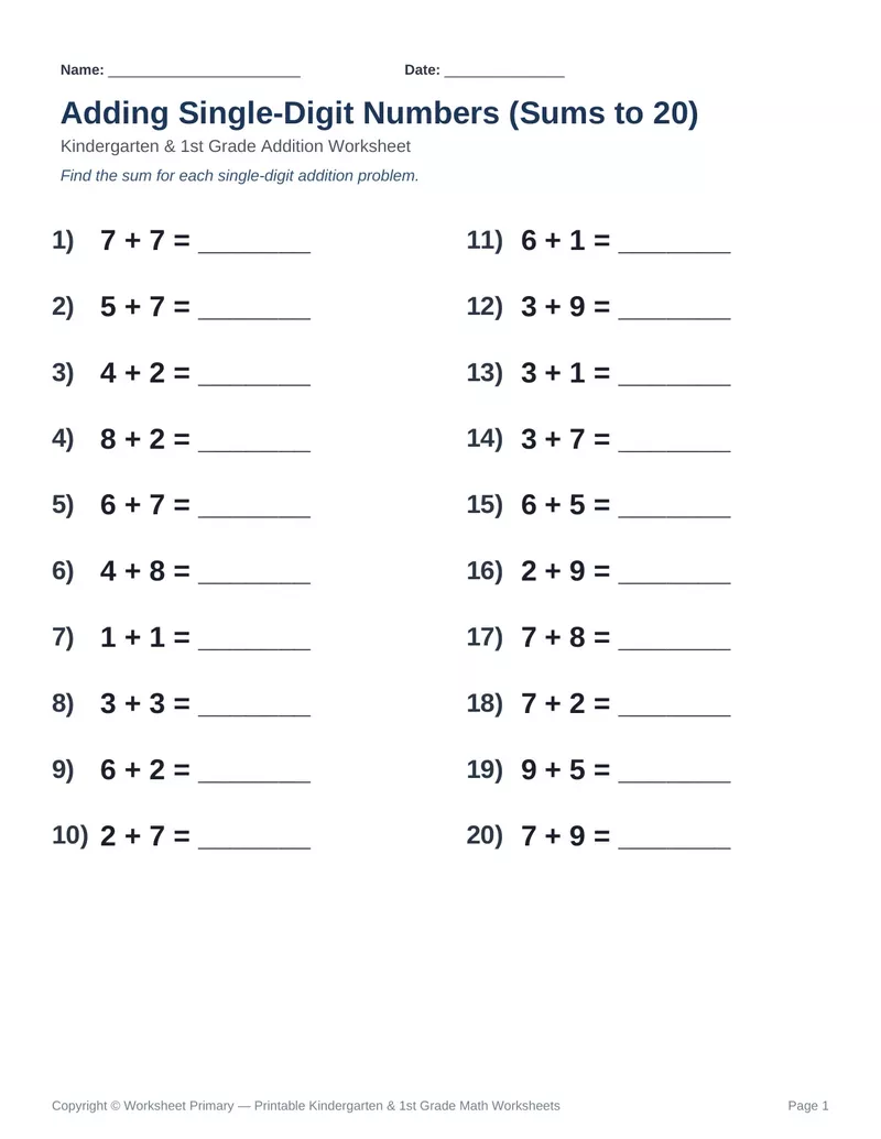 Addition Sums to 20 — Version 2