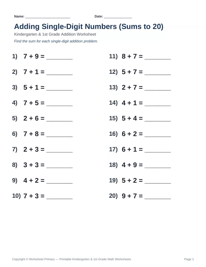 Addition Sums to 20 — Version 7