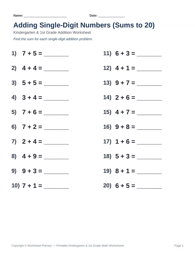 Addition Sums to 20 — Version 8