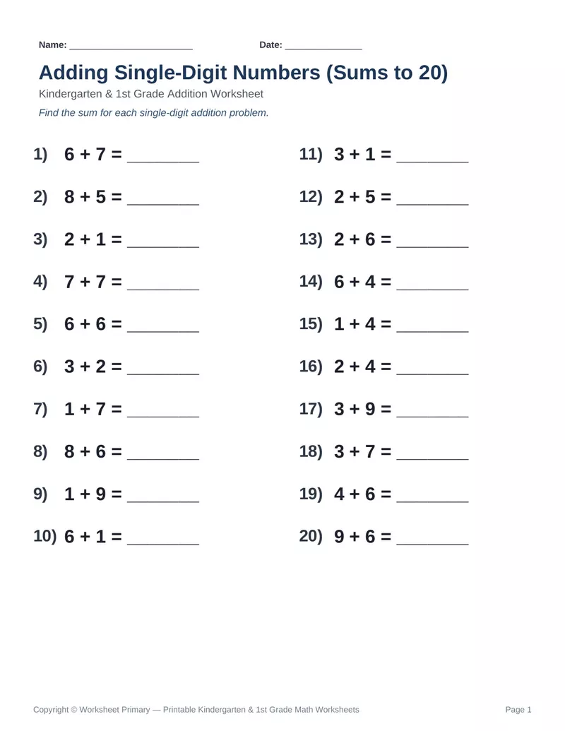 Addition Sums to 20 — Version 10