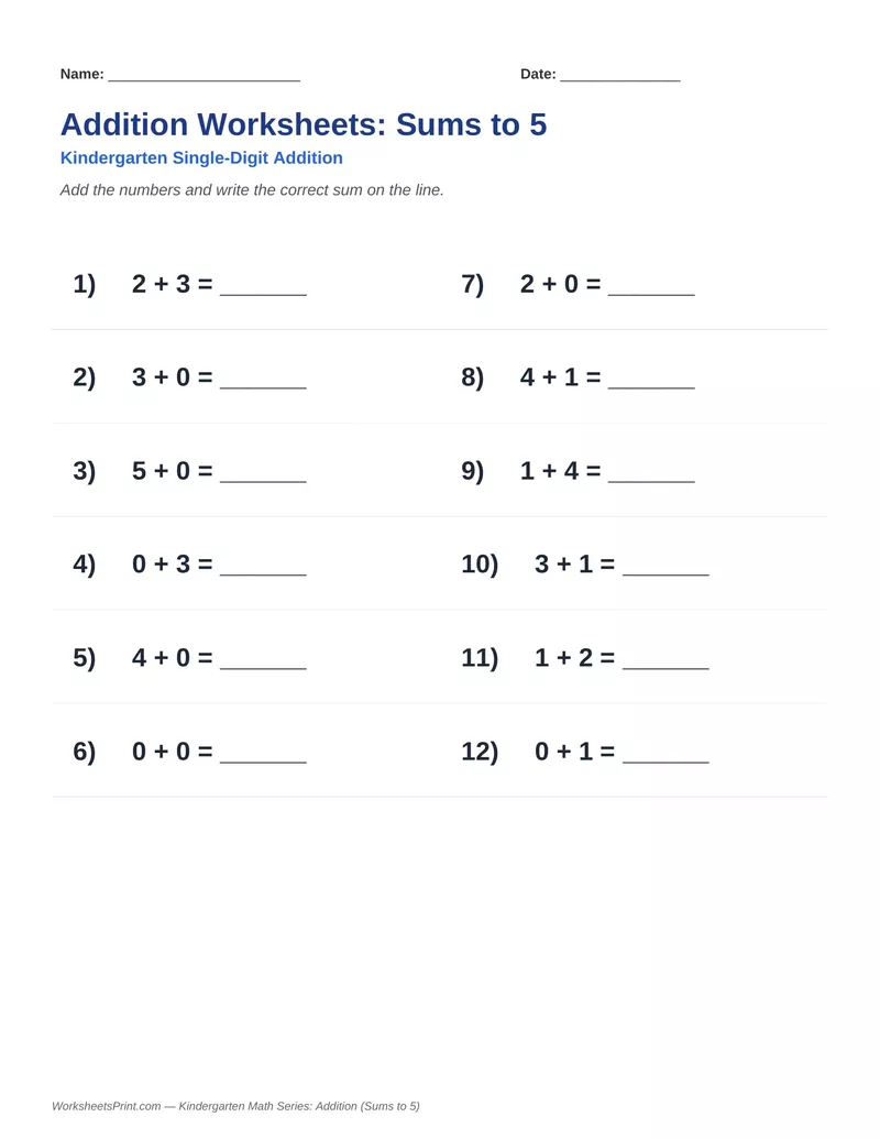 Addition Sums to 5 — Version 3