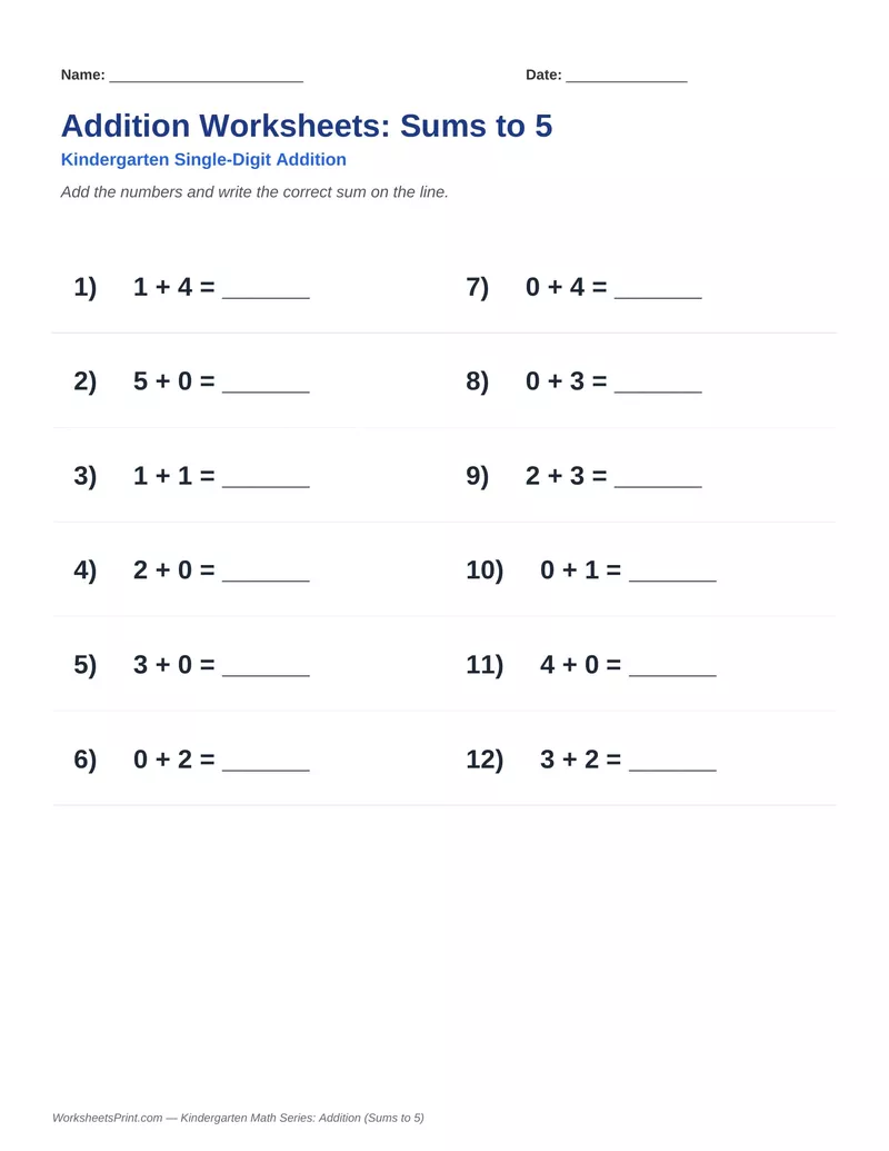 Addition Sums to 5 — Version 4
