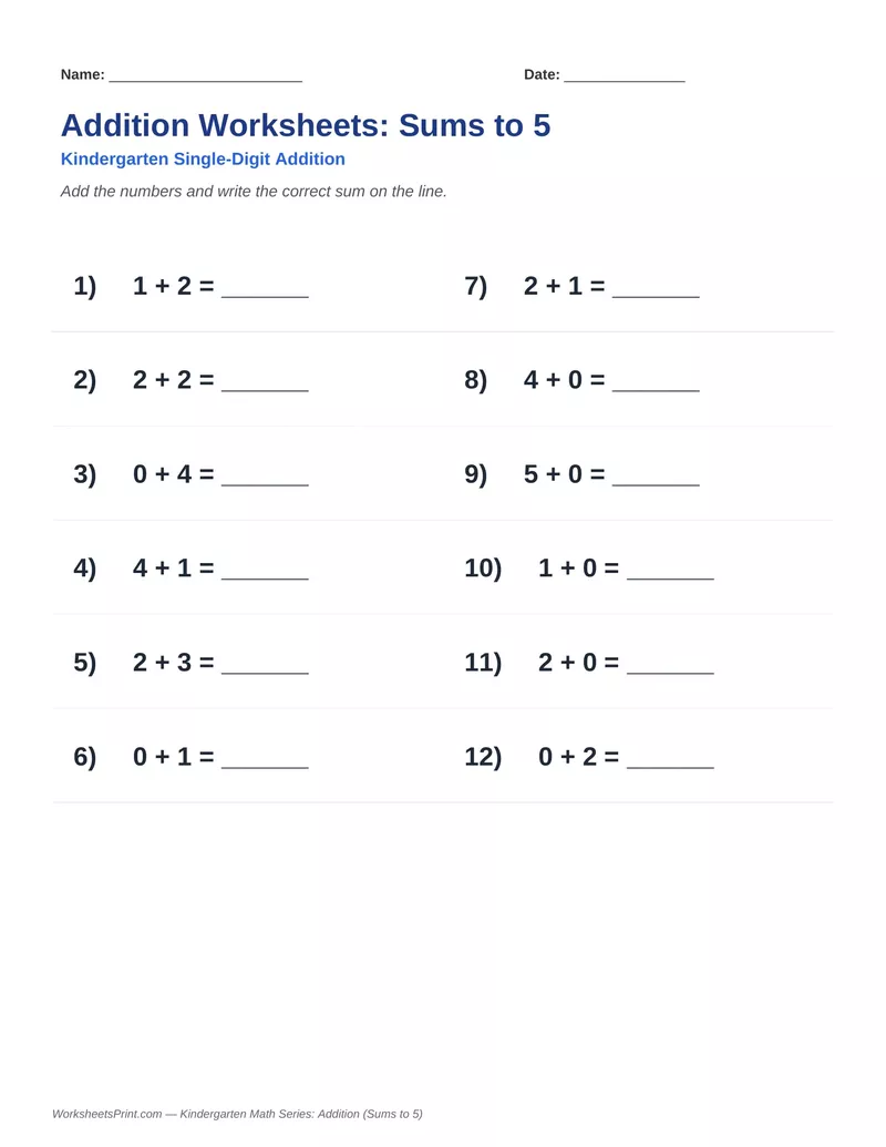 Addition Sums to 5 — Version 5