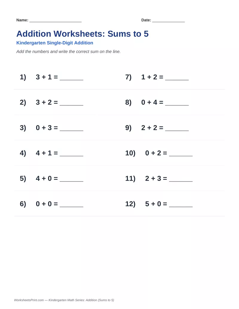 Addition Sums to 5 — Version 8