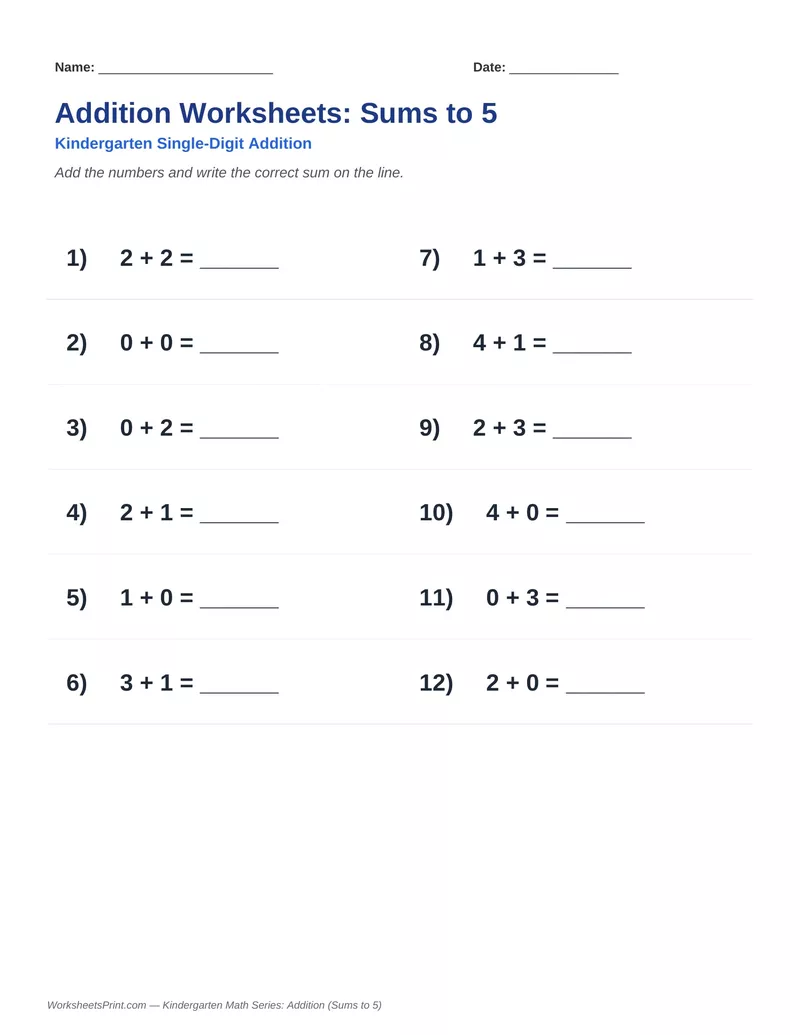 Addition Sums to 5 — Version 9