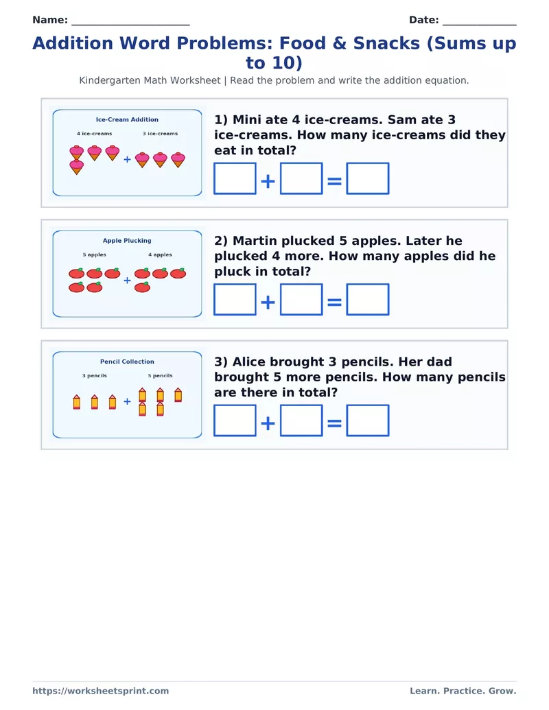 Addition Word Problems: Food & Snacks