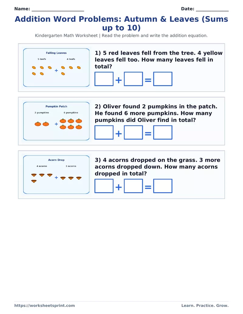 Addition Word Problems: Autumn & Leaves