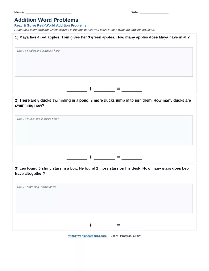 Addition Word Problems — Version 1