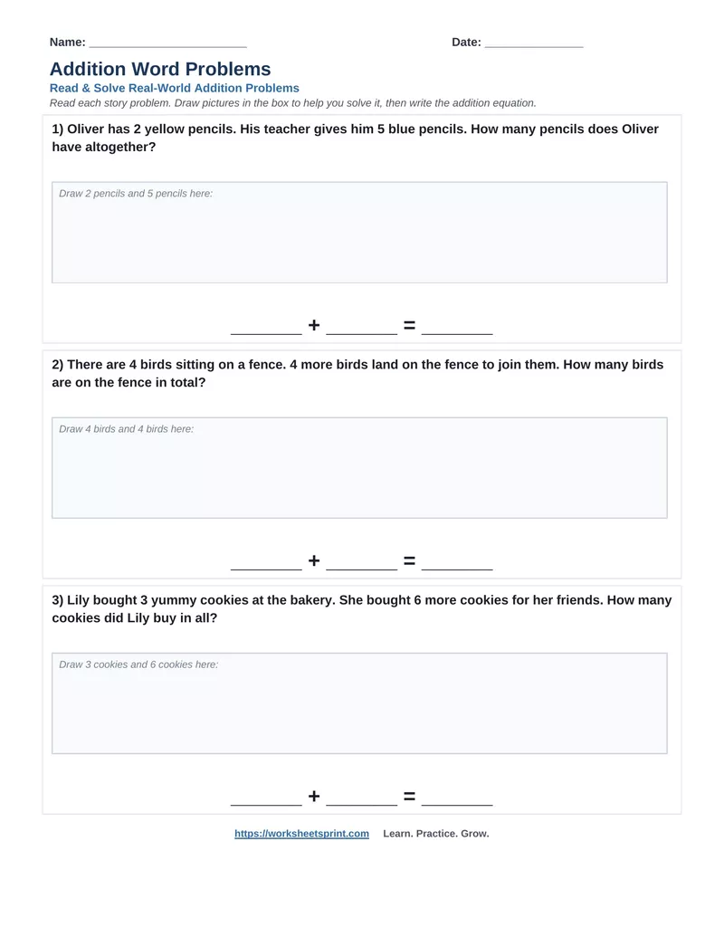 Addition Word Problems — Version 6