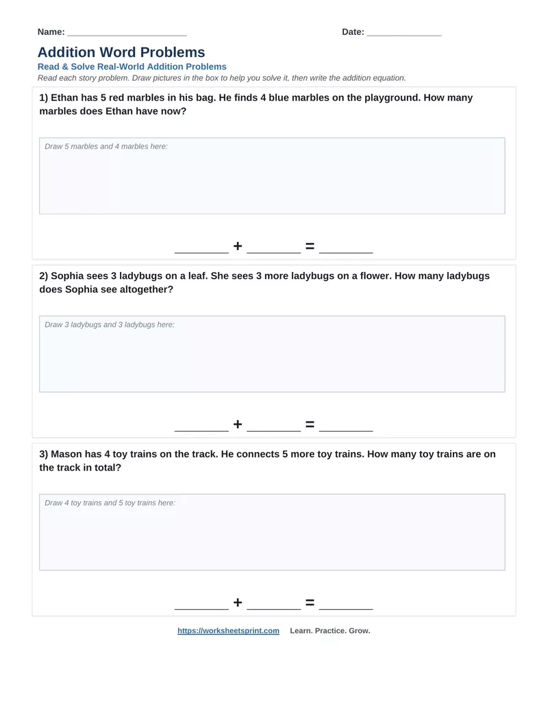 Addition Word Problems — Version 7