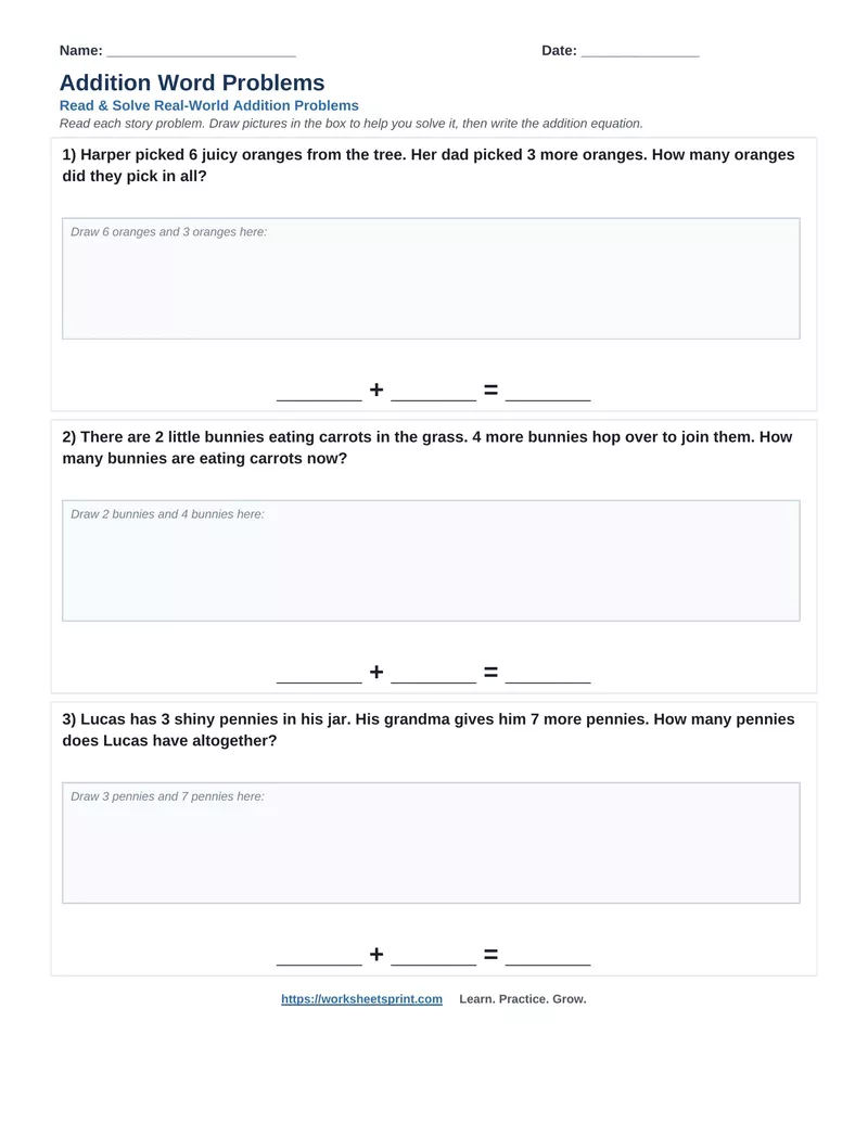 Addition Word Problems — Version 8