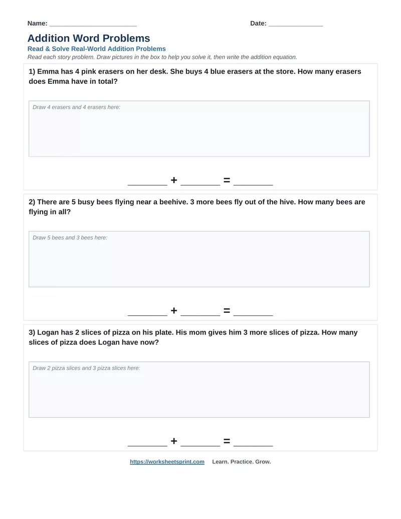 Addition Word Problems — Version 9