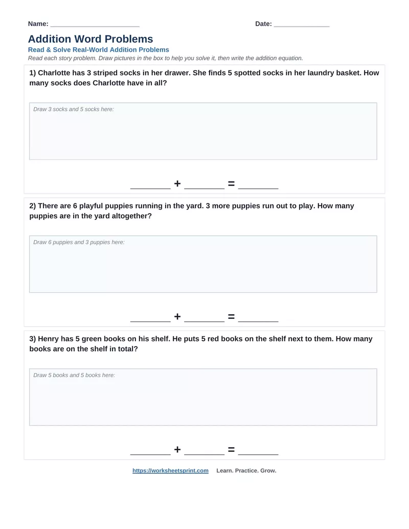Addition Word Problems — Version 10