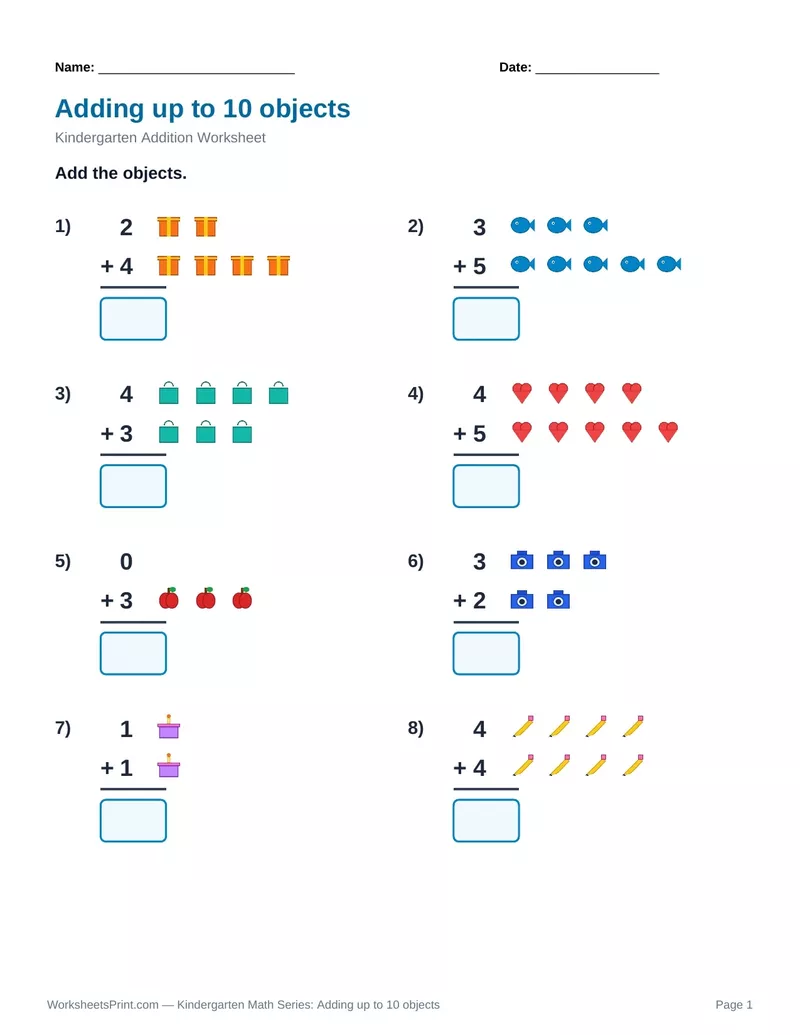 Count & Add to 10: Gifts, Fish, Bags & Hearts
