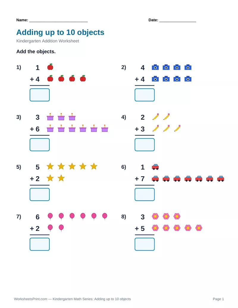 Count & Add to 10: Apples, Cameras, Cakes & Pencils