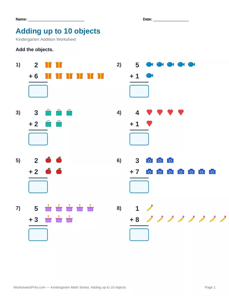 Count & Add to 10: Gifts, Fish, Bags & Hearts