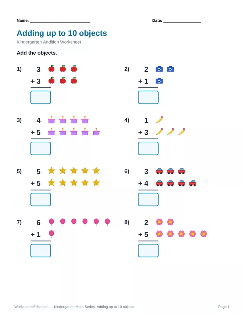 Count & Add to 10: Apples, Cameras, Cakes & Pencils