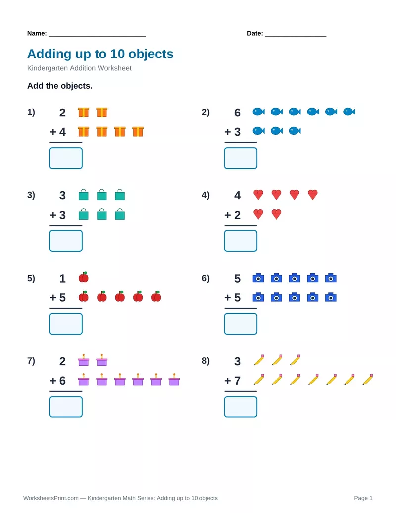 Count & Add to 10: Gifts, Fish, Bags & Hearts