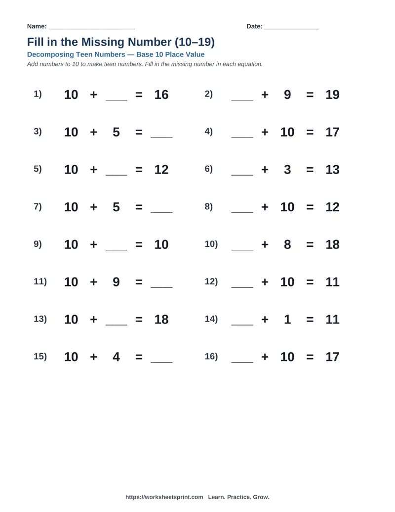 Decomposing Teen Numbers — Version 2
