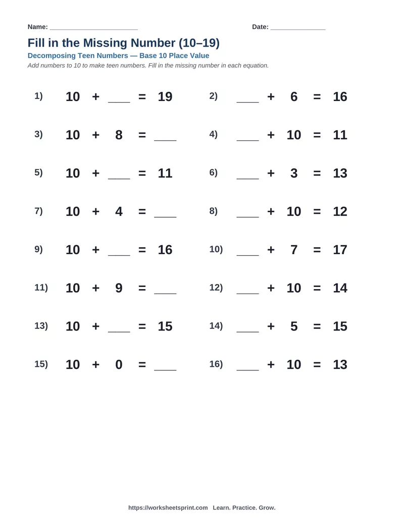 Decomposing Teen Numbers — Version 3
