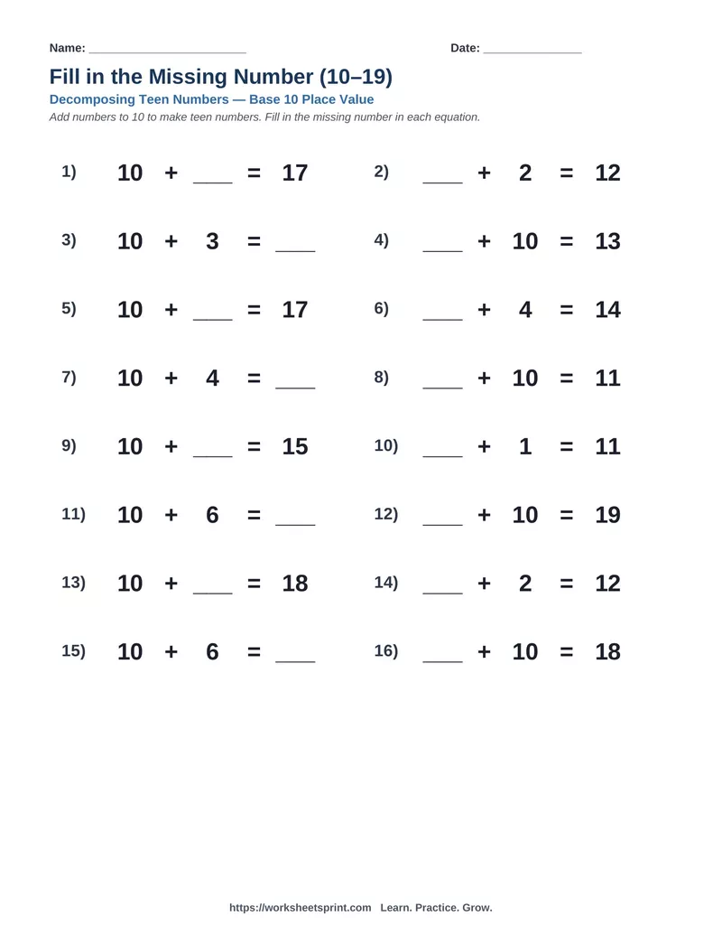 Decomposing Teen Numbers — Version 5