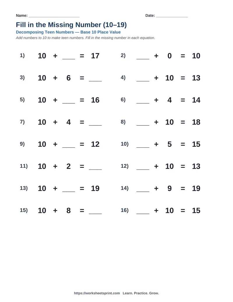 Decomposing Teen Numbers — Version 7