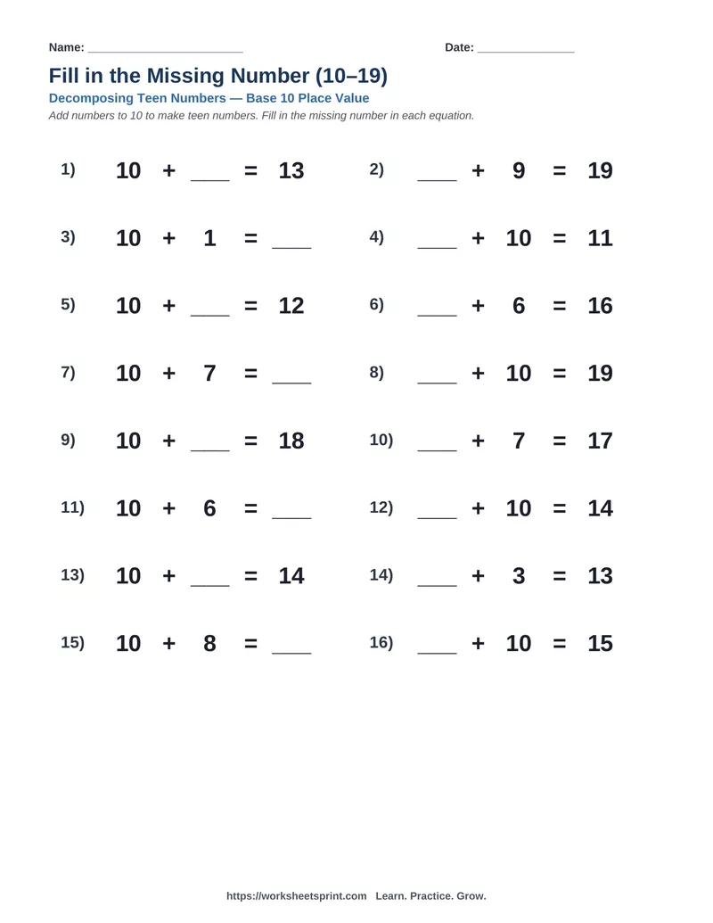 Decomposing Teen Numbers — Version 8