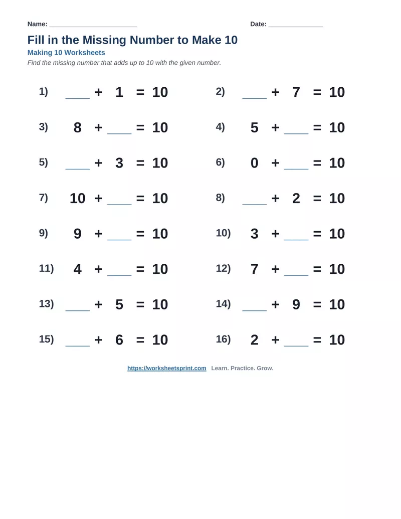 Fill in the Missing Number to Make 10 — Version 1