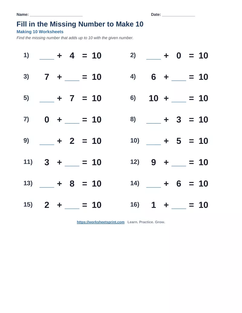 Fill in the Missing Number to Make 10 — Version 2
