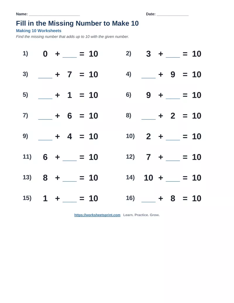 Fill in the Missing Number to Make 10 — Version 3