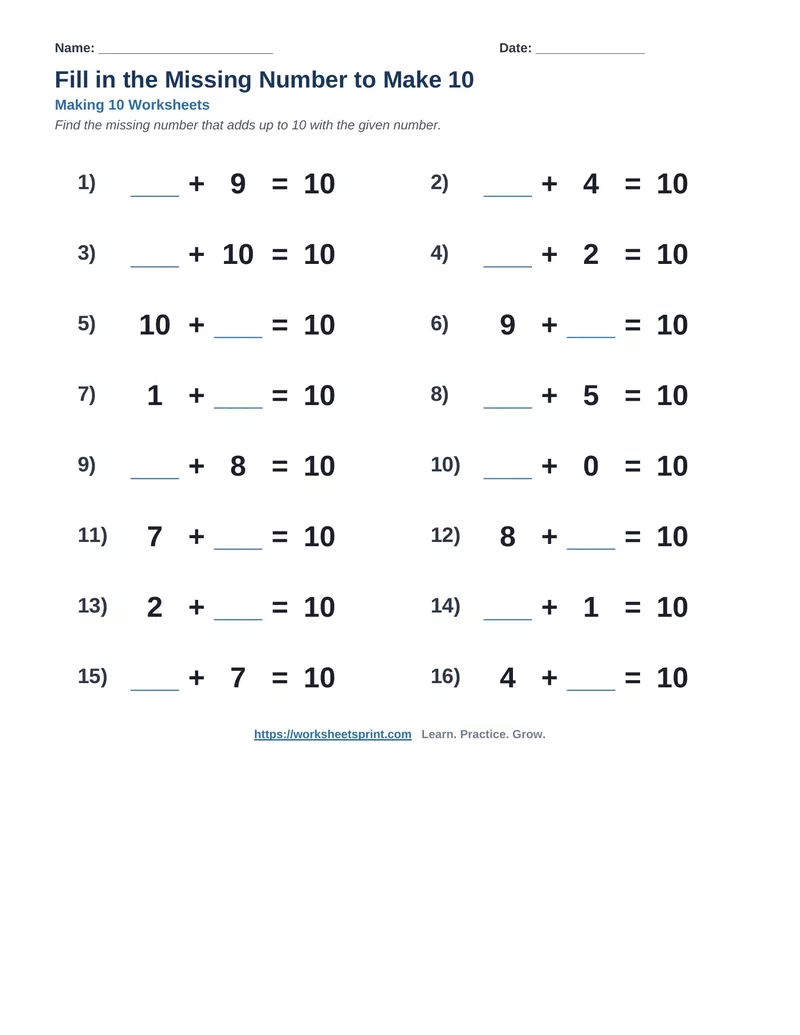 Fill in the Missing Number to Make 10 — Version 4