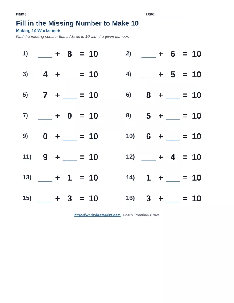 Fill in the Missing Number to Make 10 — Version 5