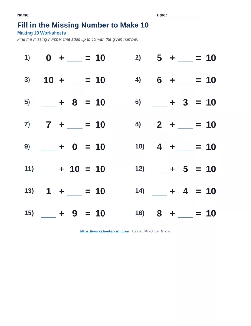 Fill in the Missing Number to Make 10 — Version 6