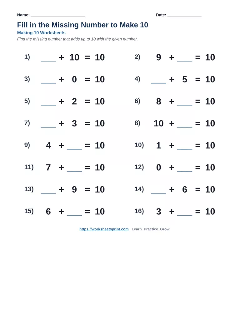 Fill in the Missing Number to Make 10 — Version 7