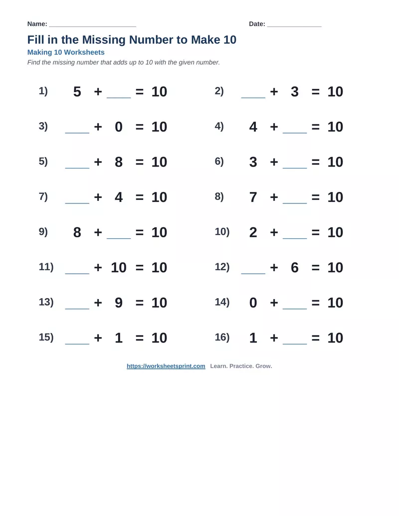 Fill in the Missing Number to Make 10 — Version 8