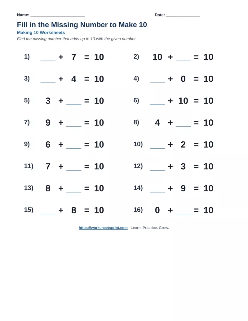 Fill in the Missing Number to Make 10 — Version 9