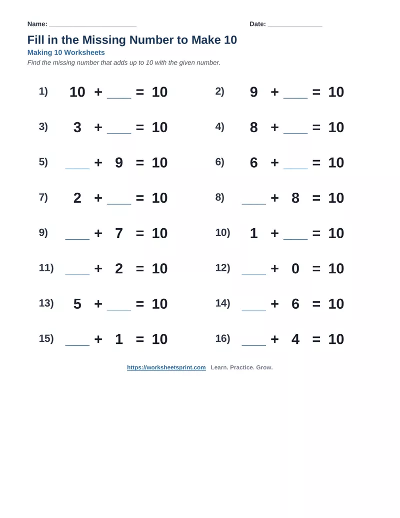 Fill in the Missing Number to Make 10 — Version 10