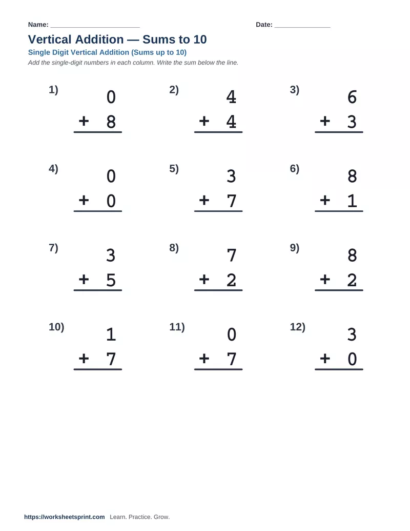 Vertical Addition Sums to 10 — Version 1