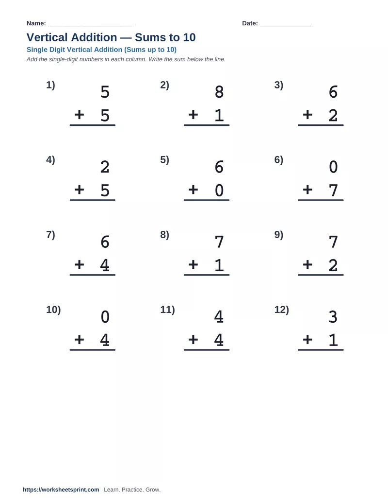 Vertical Addition Sums to 10 — Version 2